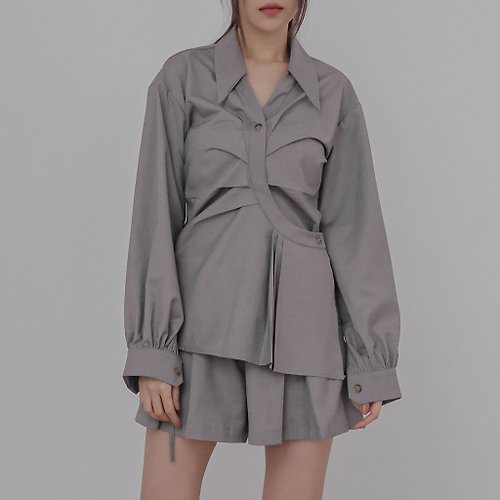 NO216 皺褶裙感-長袖襯衫(上衣)-灰色