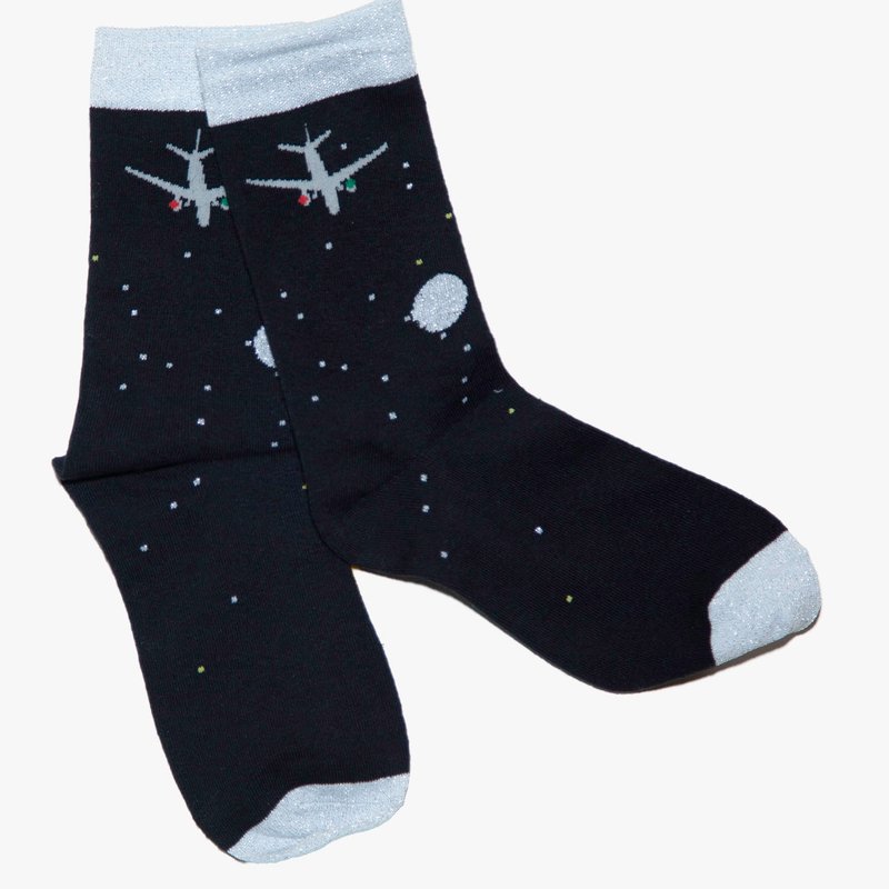 Lame lame socks socks with airplane pattern in the night sky as a gift Ladies / Men's - ถุงเท้า - ผ้าฝ้าย/ผ้าลินิน สีเขียว