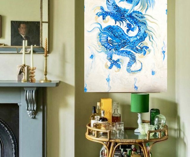 Blue Dragon 藍龍原創油スケッチ キャンバス上のオリジナル油絵