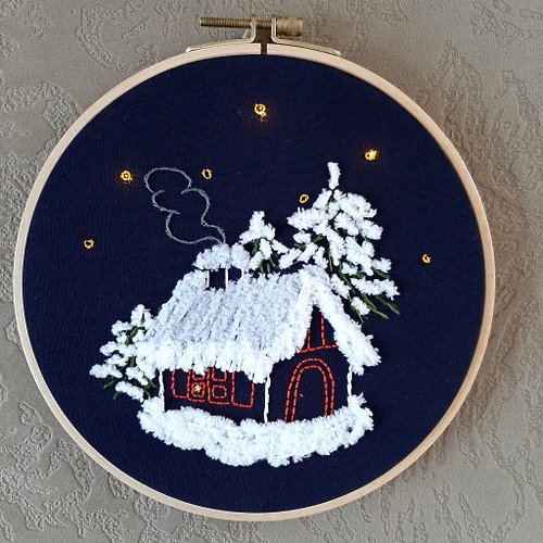 Embroidery Dreams 繡圖 Embroidered picture with LED lamps Christmas house, hand embroidery as a gift
