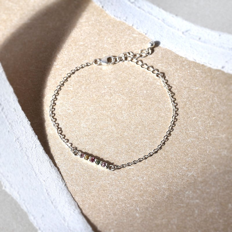 Simple natural multi tourmaline with 925 silver bracelet // October birthstone - Bracelets - Gemstone Multicolor