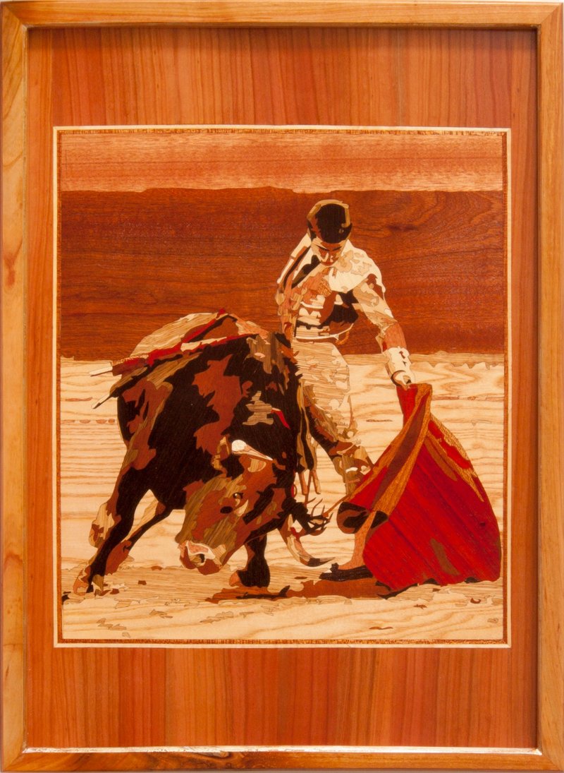 Bullfighting framed wood picture corrida matador home decor boho style marquetry - 壁貼/牆壁裝飾 - 木頭 橘色