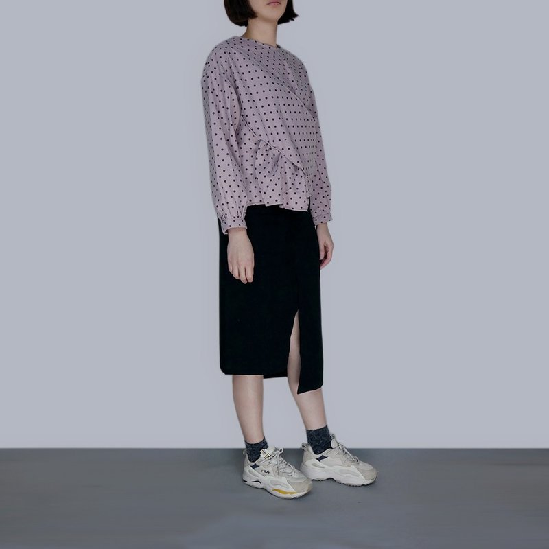深粉色水玉點腰扭結上衣 - 女上衣/長袖上衣 - 棉．麻 粉紅色