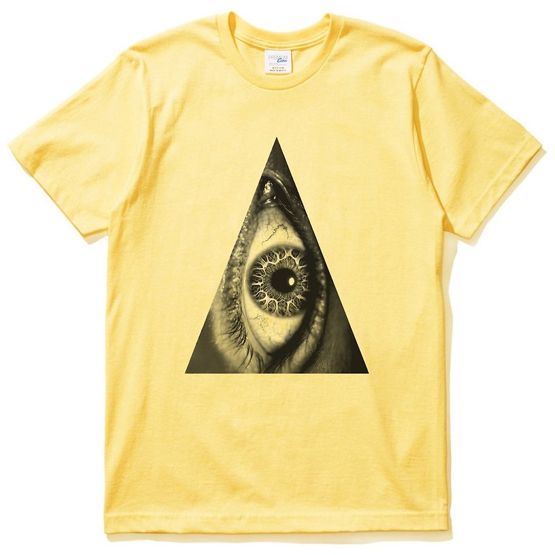 男性と女性のためのトライアングルアイユニセックス半袖Tシャツ、黄色のトライアングルアイの幾何学的なデザイン、自作のブランドファッショナブルなラウンド明るい正義 - Tシャツ メンズ - コットン・麻 イエロー