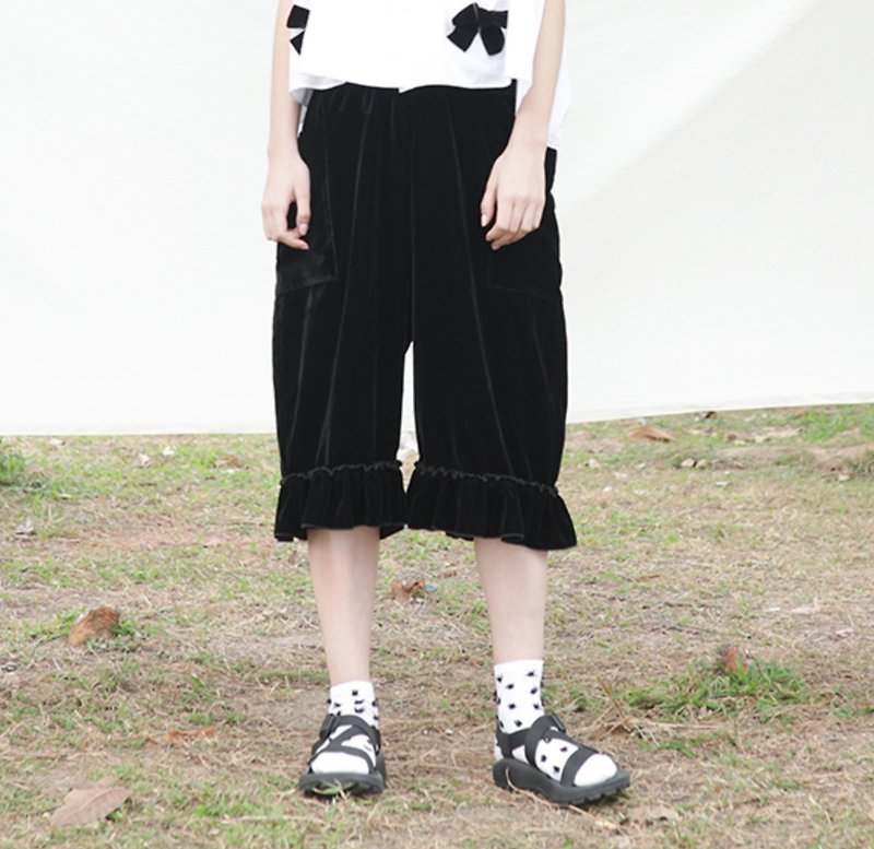 Lace black velvet straight leg pants - imakokoni - กางเกงขายาว - ผ้าฝ้าย/ผ้าลินิน สีดำ