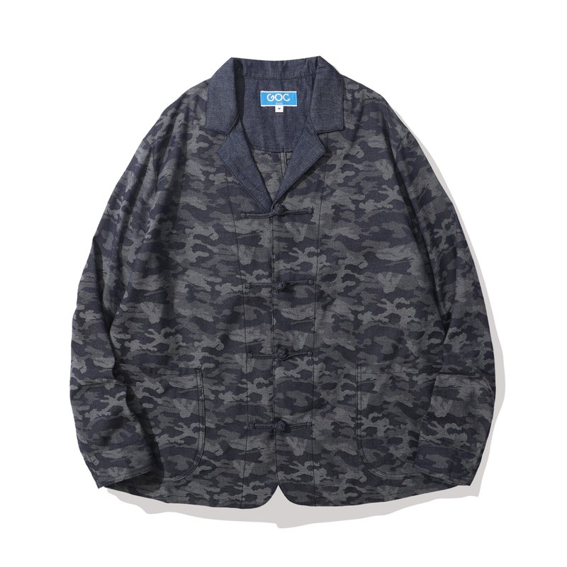 GOC Studio jacquard camouflage denim knotted blazer - เสื้อโค้ทผู้ชาย - ผ้าฝ้าย/ผ้าลินิน หลากหลายสี