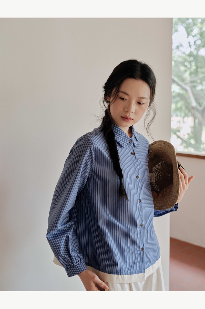 純棉藍色條紋襯衫上衣 - 女襯衫 - 棉．麻 多色