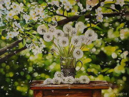 GalleryPaintingsArt Original Oil Painting The Dandelion Seeds Canvas Wall Art, Spring Flowers