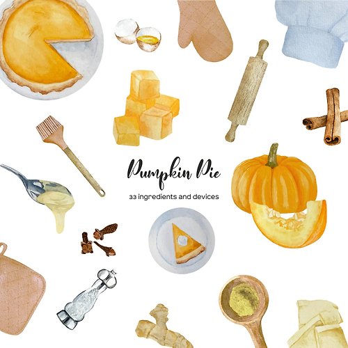 Art and Funny Watercolor Pumpkin Pie Recipe Clipart. Pumpkin Pie ingredients