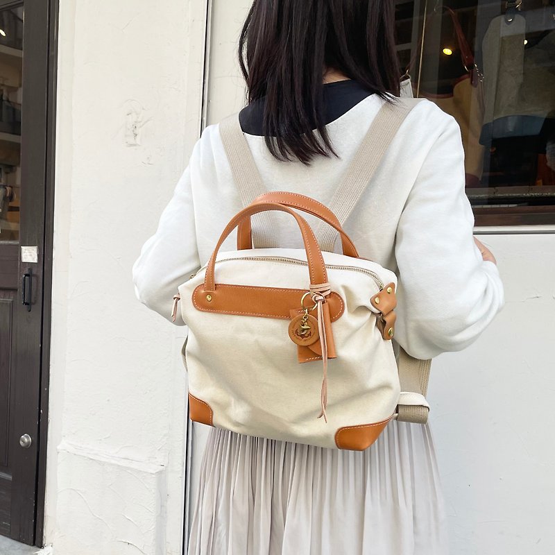 pippi / generated Kurashiki canvas x leather shoulder bag - กระเป๋าถือ - ผ้าฝ้าย/ผ้าลินิน ขาว