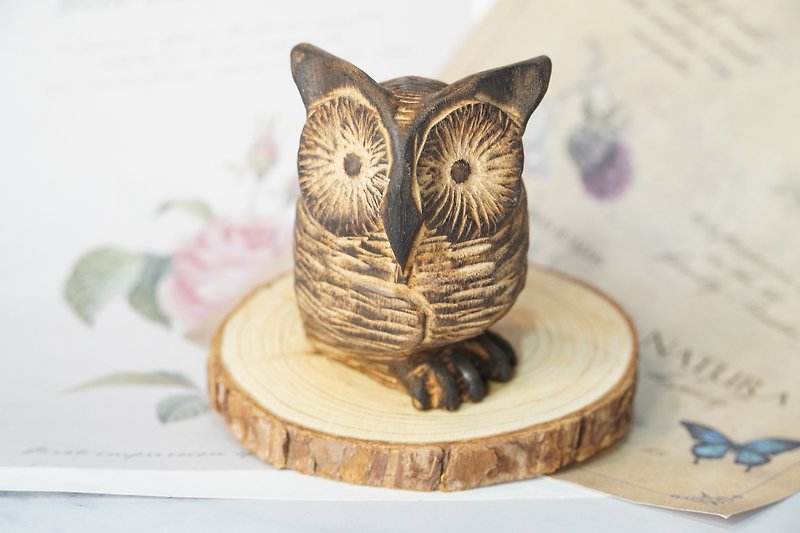 Camphor wood horned owl wood carving owl-original - Items for Display - Wood Brown