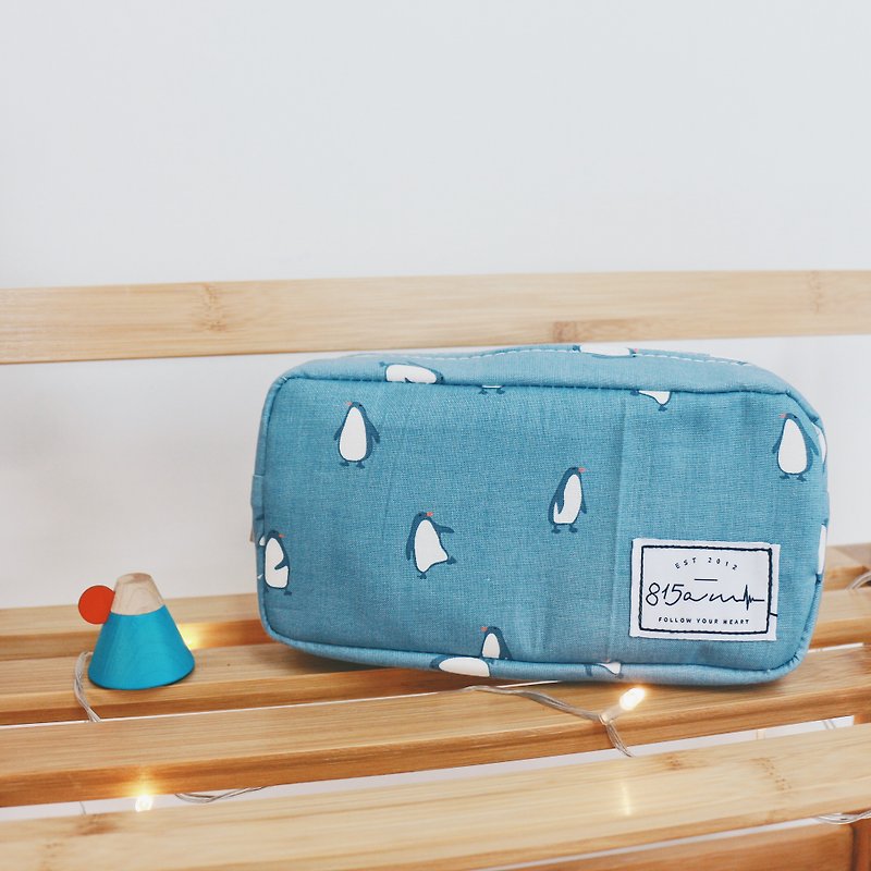 Gray and blue penguin pencil case / cosmetic bag | 815a.m - Toiletry Bags & Pouches - Cotton & Hemp 