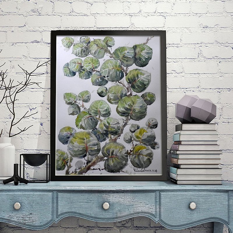 Hand-painted (watercolor) original painting (sea grape 02) Nordic botanical style / home office / mural / gift - Posters - Paper Green