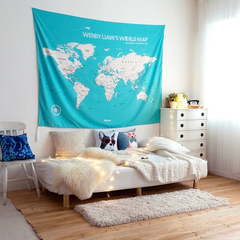 世界地圖(中文)佈置-訂製世界掛布。湖水綠(客製化禮物 聖誕禮物) - 地圖 - 聚酯纖維 綠色