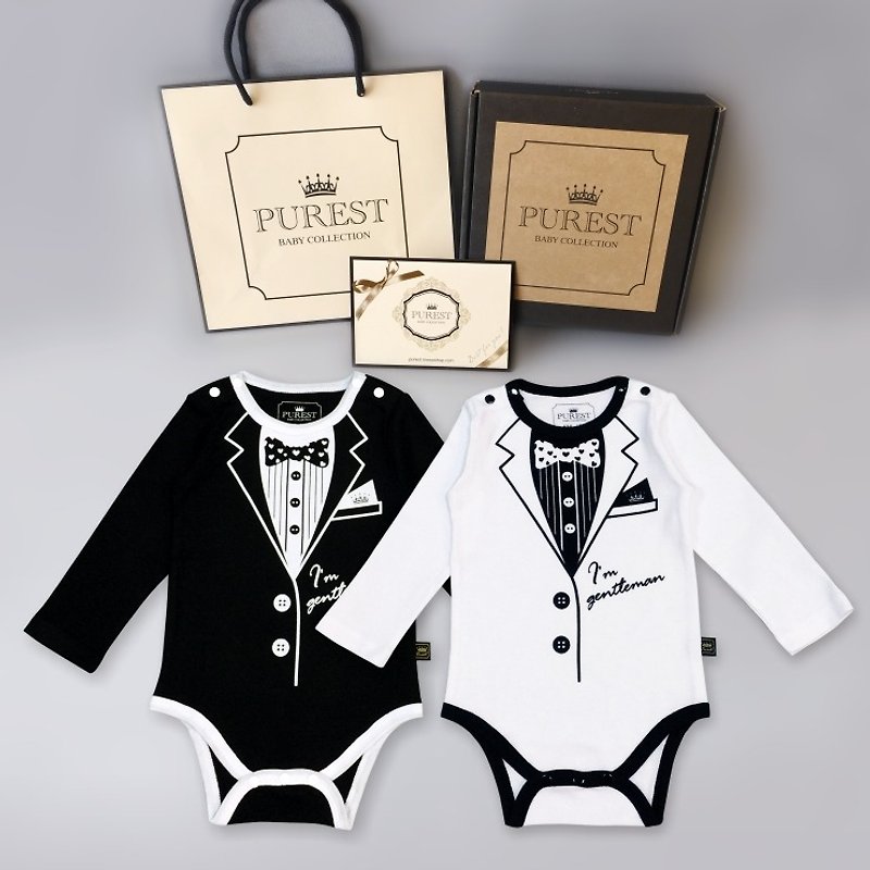 PUREST 小紳士雙重奏 長袖 西裝款 寶寶彌月 嬰兒 新生兒 禮盒組 - 滿月禮物 - 棉．麻 
