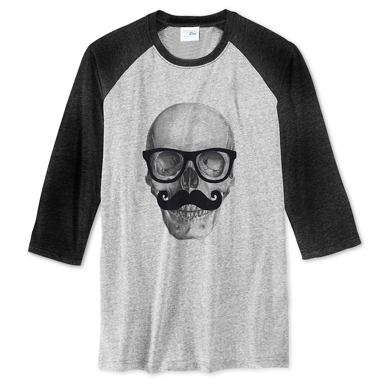 Mr Skull unisex 3/4 sleeve gray/black t shirt - เสื้อยืดผู้ชาย - ผ้าฝ้าย/ผ้าลินิน สีเทา