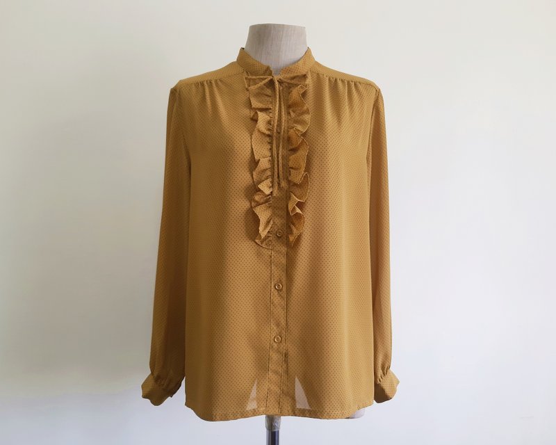 Large Vintage Brown Polka Dot Blouse Womens Long Sleeve Ruffle Shirt L - 女上衣/長袖上衣 - 聚酯纖維 咖啡色