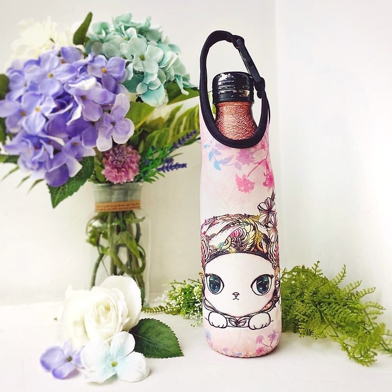 Thermos bottle cover | Kettle cover | Buckle type, portable, side back-gentle warm cat - ถุงใส่กระติกนำ้ - วัสดุกันนำ้ สึชมพู