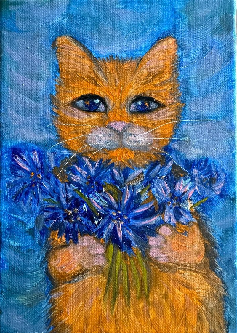 Oil painting of cat in cornflowers. Linen Canvas - วาดภาพ/ศิลปะการเขียน - ลินิน 