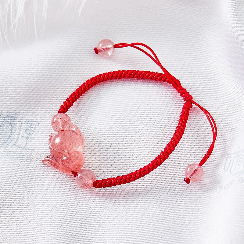 紅繩草莓晶狐仙手鍊(含開光)提升爱情運、 增加異性緣、 招貴人 - 手鍊/手環 - 水晶 粉紅色