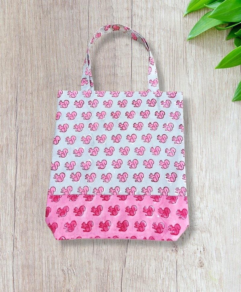 Indian Hand Block Print Tote Bag (Grey-pink) - 手提包/手提袋 - 棉．麻 粉紅色