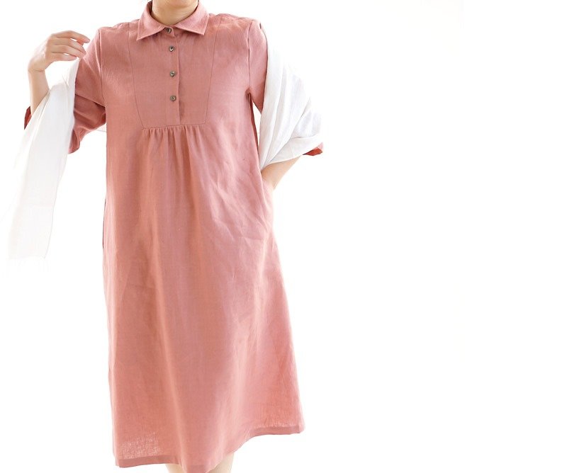 warm linen / cutaway collar / shirt dress / midi dress / A line dress / a31-6 - One Piece Dresses - Cotton & Hemp Pink