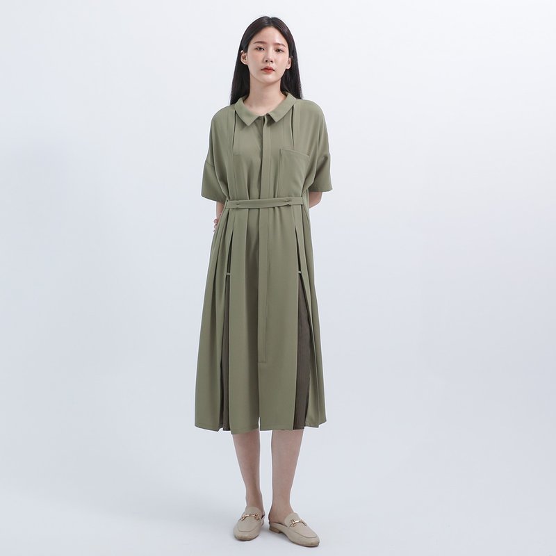 Qingyue_青月造型百褶洋裝_22SF102_綠 - 連身裙 - 聚酯纖維 綠色