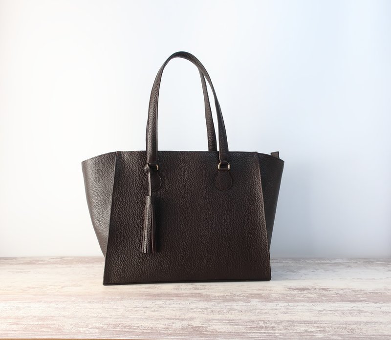 ボヤージュbag・Lサイズ・ファスナーver・ダークブラウン・シュリンクレザー・受注製作 - 手提包/手提袋 - 真皮 咖啡色