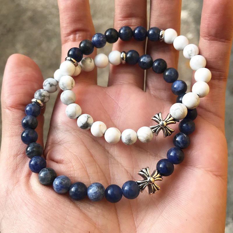 【Lost and find】 Natural Stone Blue White White Turquoise Cross Lovers Bracelet Set - Bracelets - Gemstone Blue
