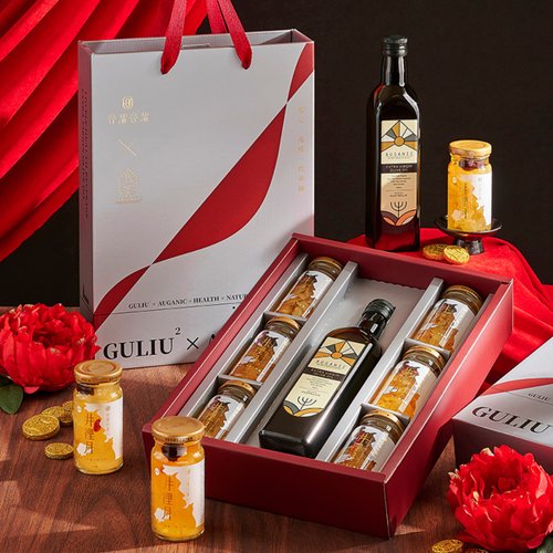 谷溜谷溜 幸福養生飲品.一式情酥 Guliu Guliu 【谷溜谷溜X澳根尼】聯名禮盒 (井裡月140ml*6+冷壓初榨橄欖油*1)