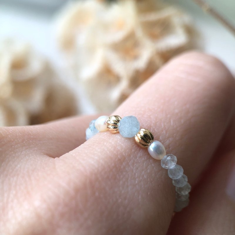 [March Stone] No One Knows | Aquamarine Pearl Ring Flexible Ring - General Rings - Gemstone Blue