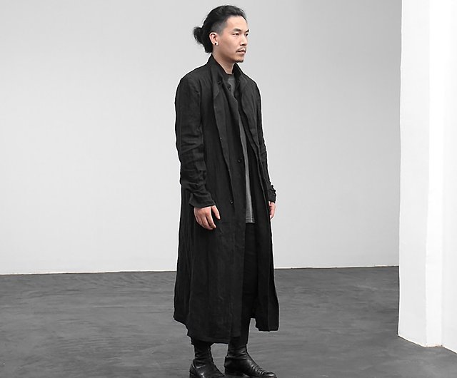 JANWONG dark pioneer cotton and Linen long trench coat can be