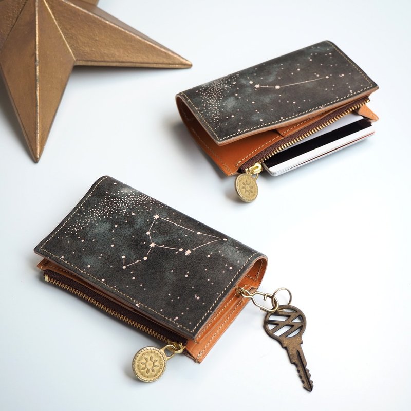 Key case with zipper pocket / Starry sky of 12 constellations / 12 designs - Keychains - Genuine Leather Black