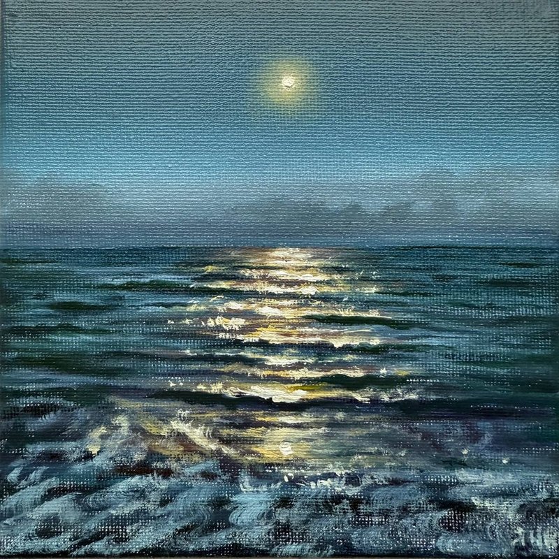 オリジナル風景画 月夜の油絵 キャンバス画 静かな絵 油絵 海景画 - ウォールデコ・壁紙 - コットン・麻 ブルー