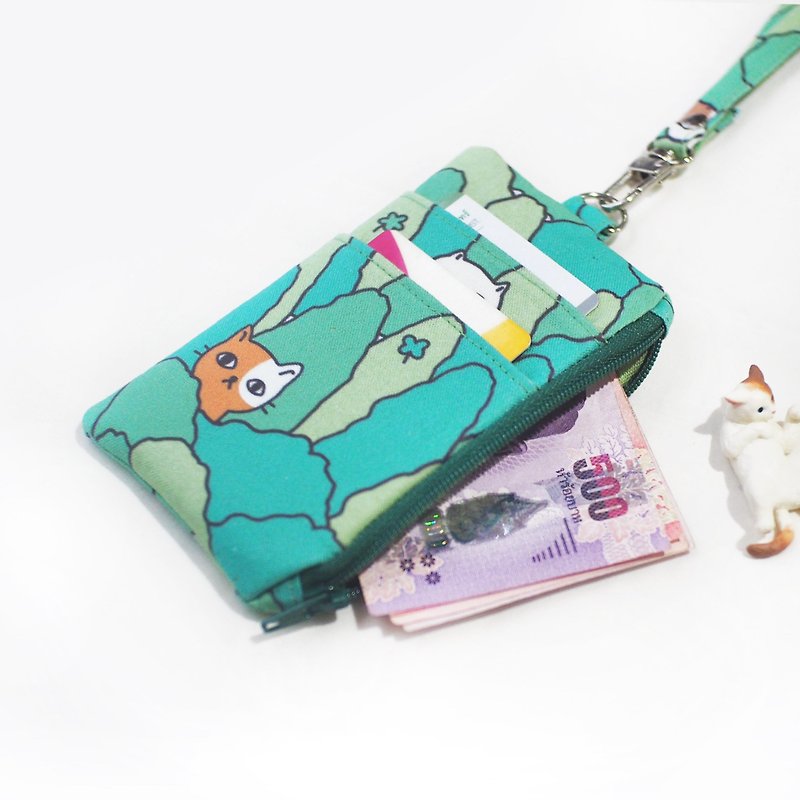 Cotton ID wallet with lanyard - Cats in the Forest 8x13 cm. - Coin Purses - Cotton & Hemp Green