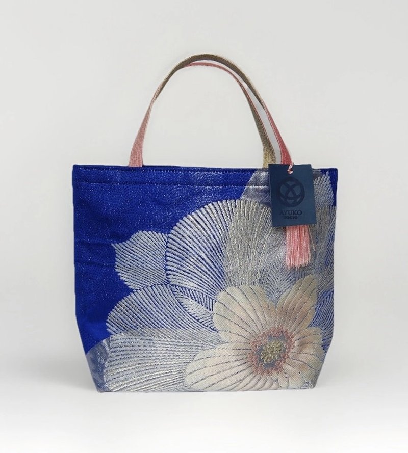 獨一無二真絲和服袋帶托特包, 日本手工刺繡升級改造包, 和風藝術 - 手提包/手提袋 - 絲．絹 藍色