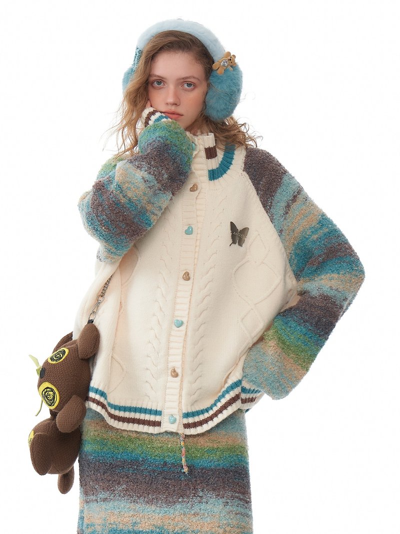 ziziFei Autumn/Winter Collection: American-Style Color-Block Patchwork Knit Cardigan with a Soft, Thick Feel and a Mock Neck for Women - สเวตเตอร์ผู้หญิง - วัสดุอื่นๆ 