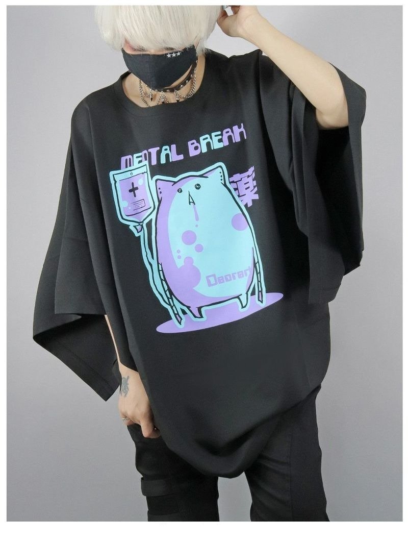 オーバーサイズ 着物袖 プリント Tシャツ japan gothic rock DRT2785Long - 女 T 恤 - 聚酯纖維 