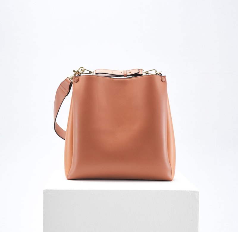 Two-Tone Tote 素皮革拼色手提包 側背包 淺棕色 x 棕色 - 手提包/手提袋 - 人造皮革 咖啡色