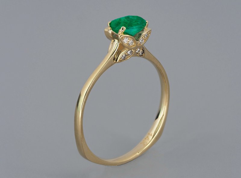 Butterfly design 14 kt gold ring with emerald and diamonds - 戒指 - 貴金屬 金色