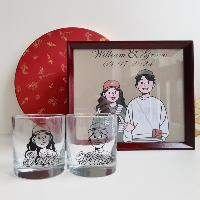 Couple gift couple portrait carved whiskey glass set photo frame wooden box photo frame commemorative gift - Bar Glasses & Drinkware - Glass 