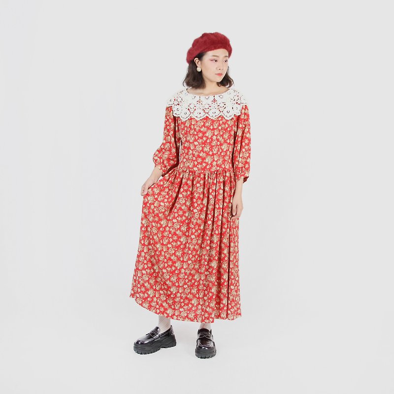 [Egg Plant Vintage] Flower Tea Sundae Sequin Cloth Print Vintage Dress - One Piece Dresses - Polyester Red