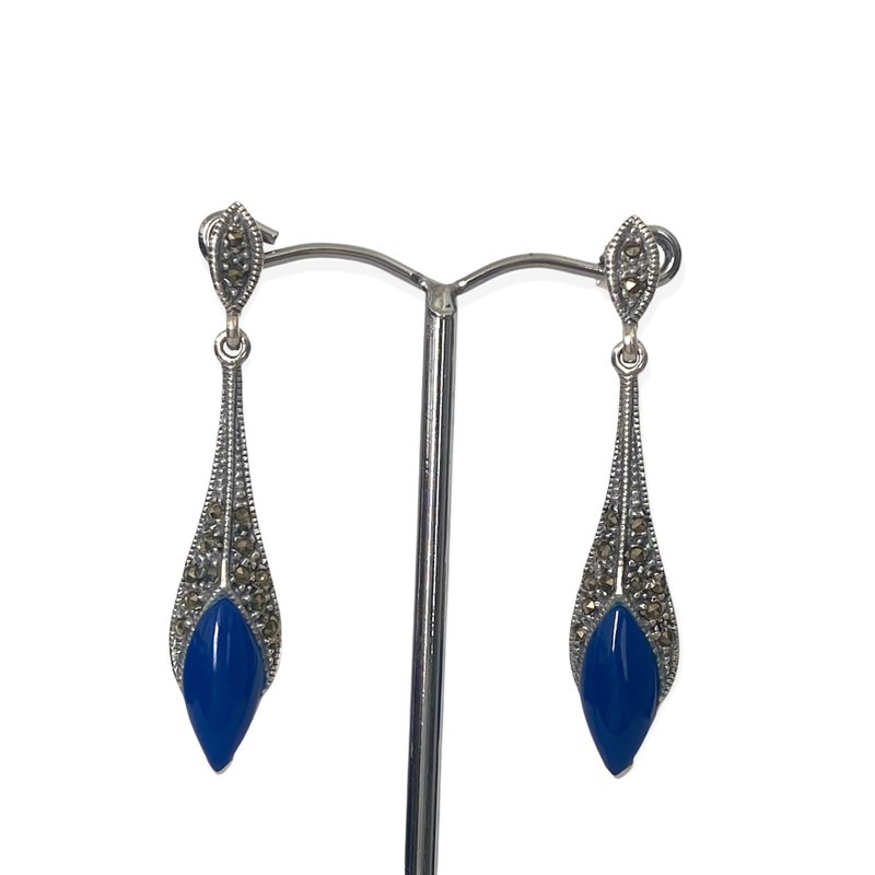 Art Deco Style Long Drop Earrings Lapis Lazuli and Marcasite 925 Sterling Silver - 耳環/耳夾/耳骨夾 - 純銀 藍色