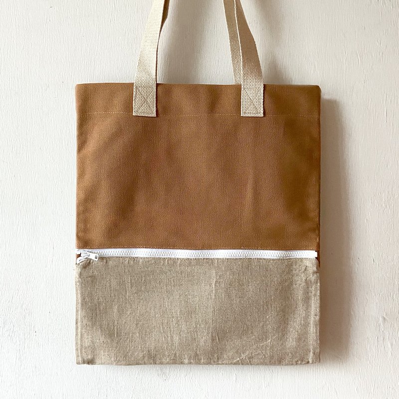 隨時擴大容量, 可調教3個尺寸, 大地色系布袋, 全人手製Tote Bag - 側背包/斜背包 - 棉．麻 卡其色