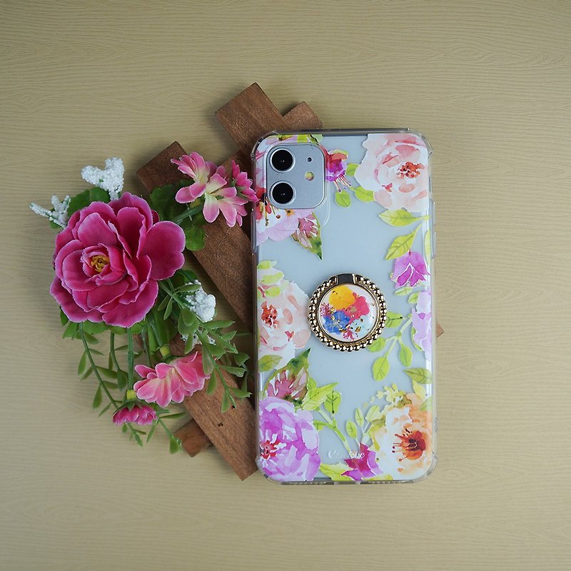 Watercolor flowers-ring buckle four-corner shatter-resistant phone case - Phone Cases - Plastic Multicolor