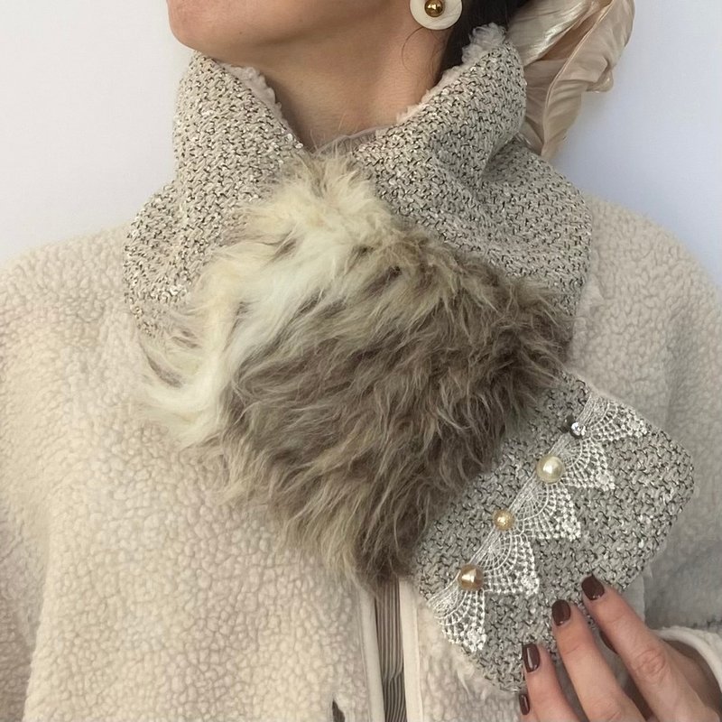 モコモコ上品マフラー レース&ジュエル ネックアクセサリー - 圍巾/披肩 - 羊毛 咖啡色