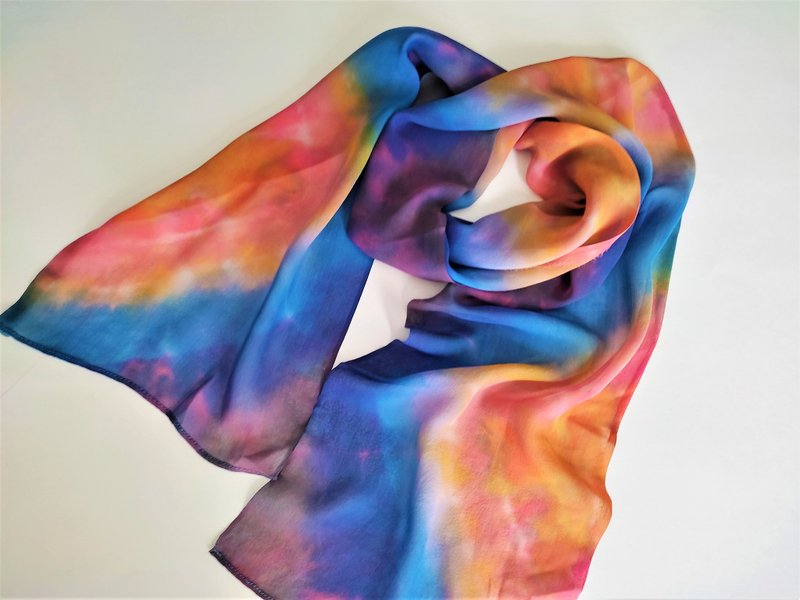 絲巾 Silk chiffon tie dye scarf Silk scarf blue orange Hand dyed neck scarf Gift - 絲巾 - 絲．絹 藍色