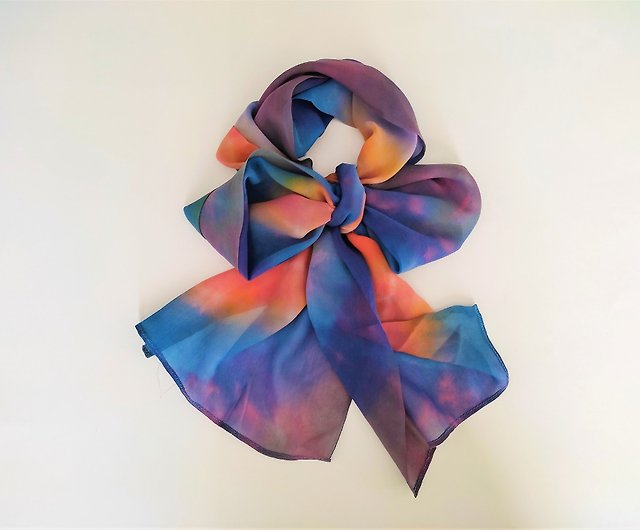 hand dyed pure silk scarf gift for a woman Blue purple white handmade large pareo silk scarf