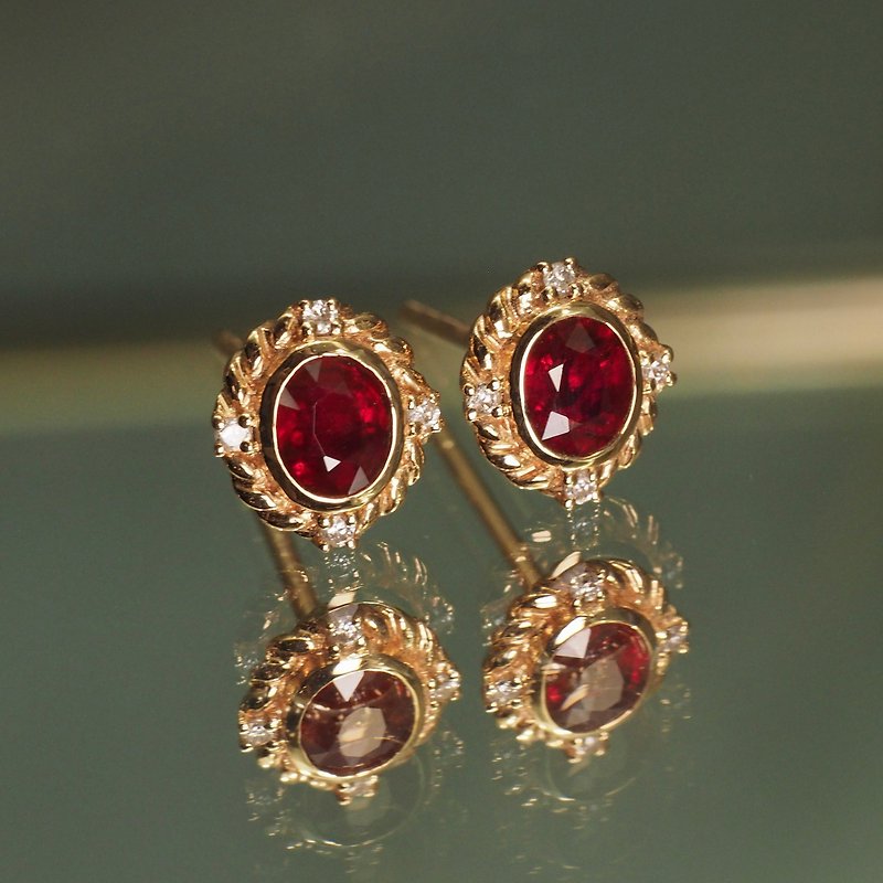 18K Gold Ruby Oval and Diamond Earrings - ต่างหู - เครื่องประดับ 