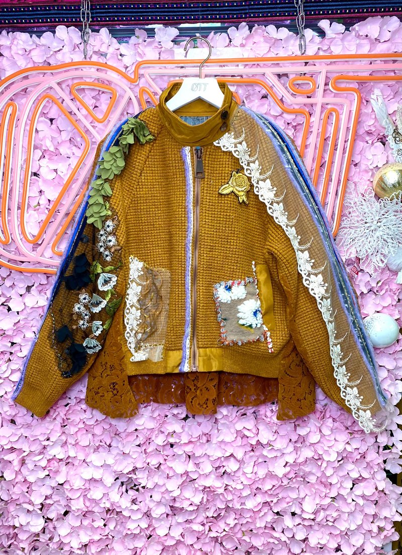 OTT獨一無二•蜜糖黃色閃閃毛織間棉刺繡蕾絲外套 - 女裝外套/大衣 - 羊毛 橘色
